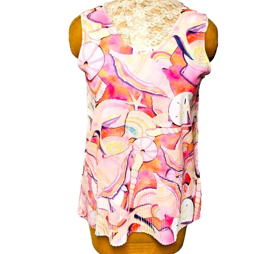 Ellen Negley‎ Art & Sol Tank Top Women's M Tropical Seashells Pleated Signed